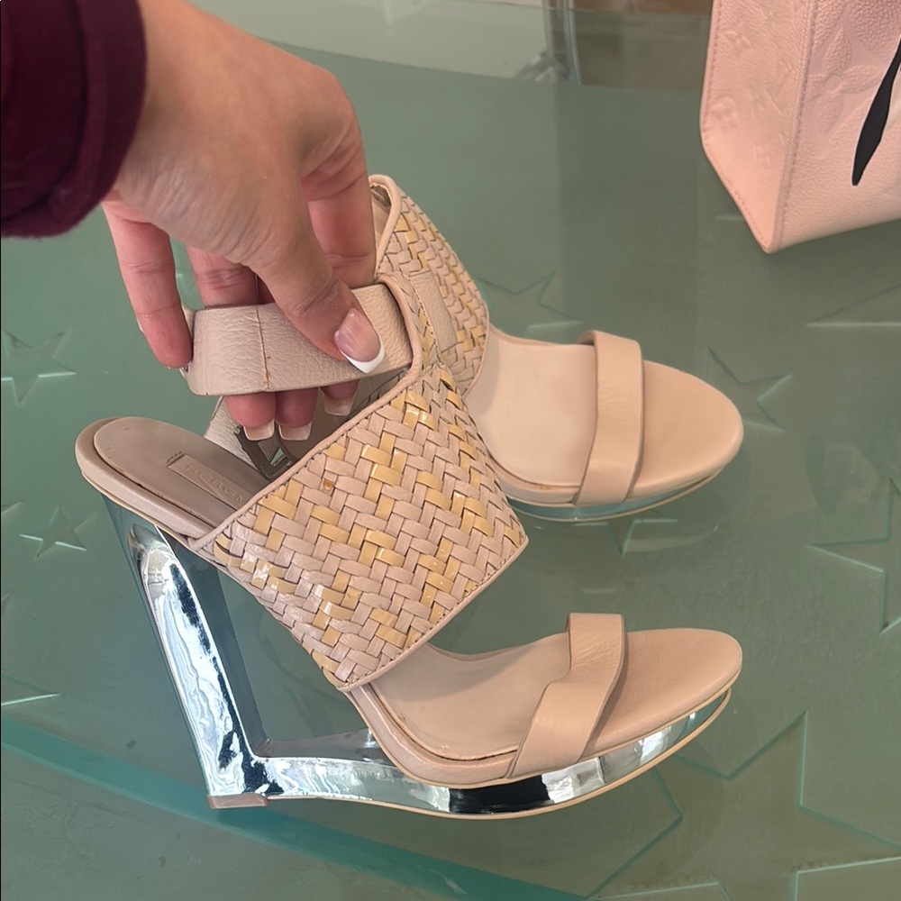 Beige Woven Strap Heels with Silver Wedge